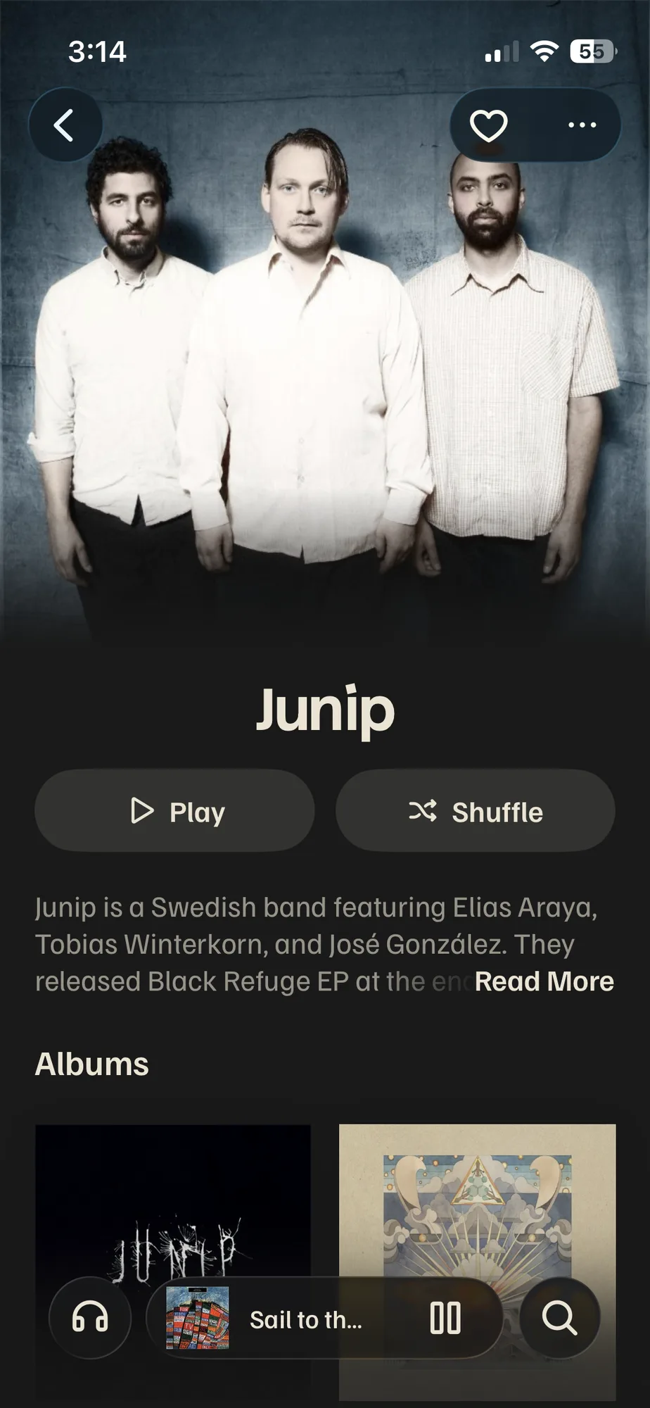 Artist page for Junip with Play, Shuffle and albums