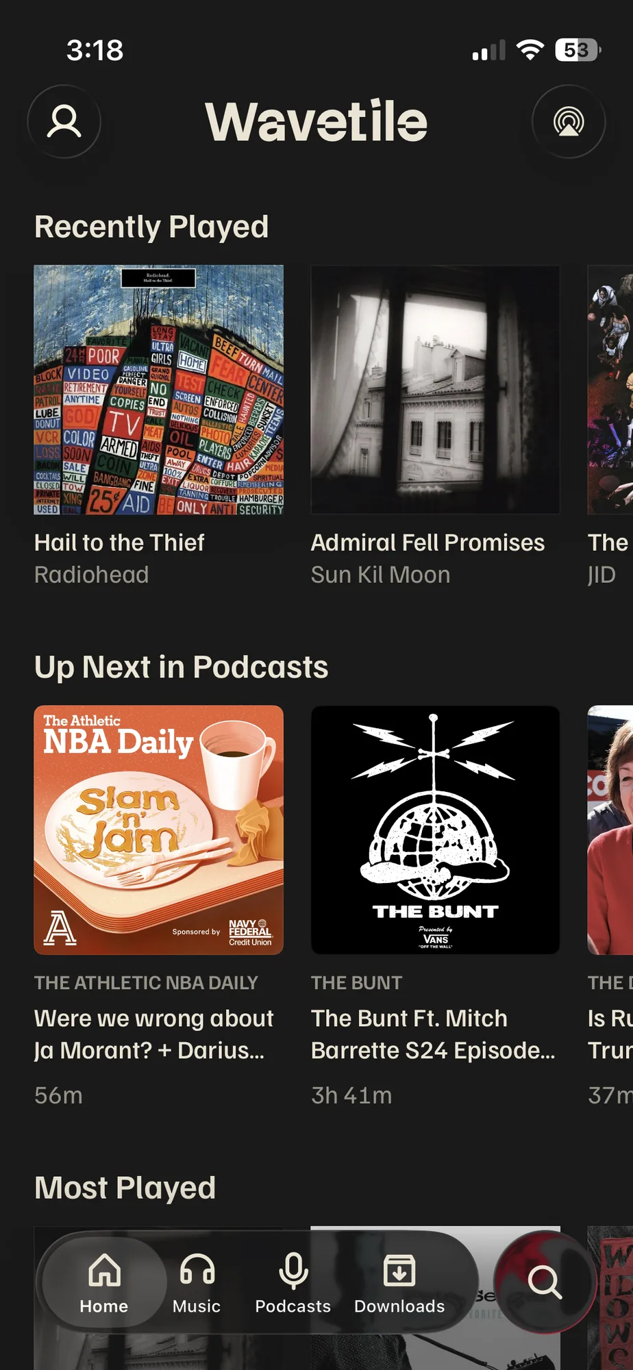 Wavetile Home: Recently Played albums and Up Next in Podcasts