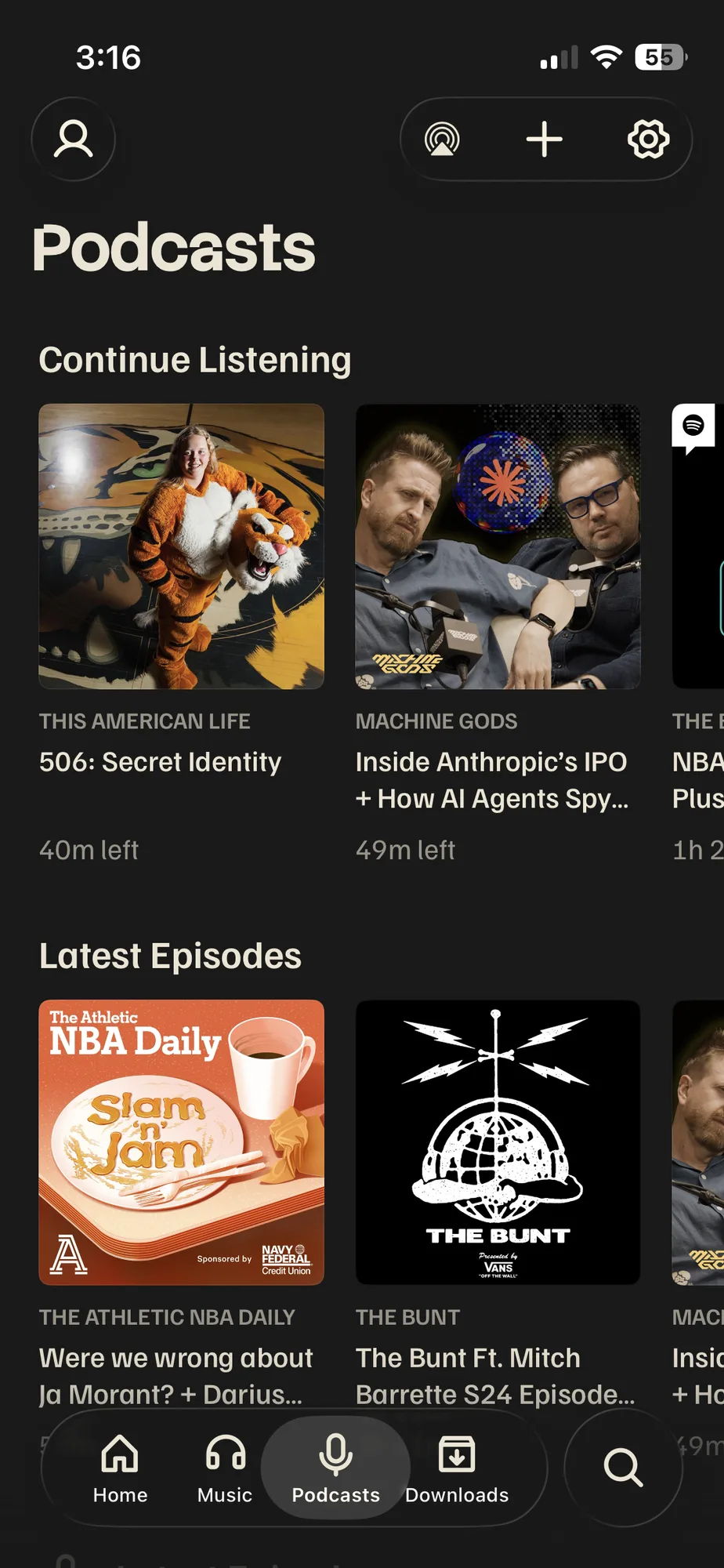 Podcasts tab with Continue Listening and Latest Episodes